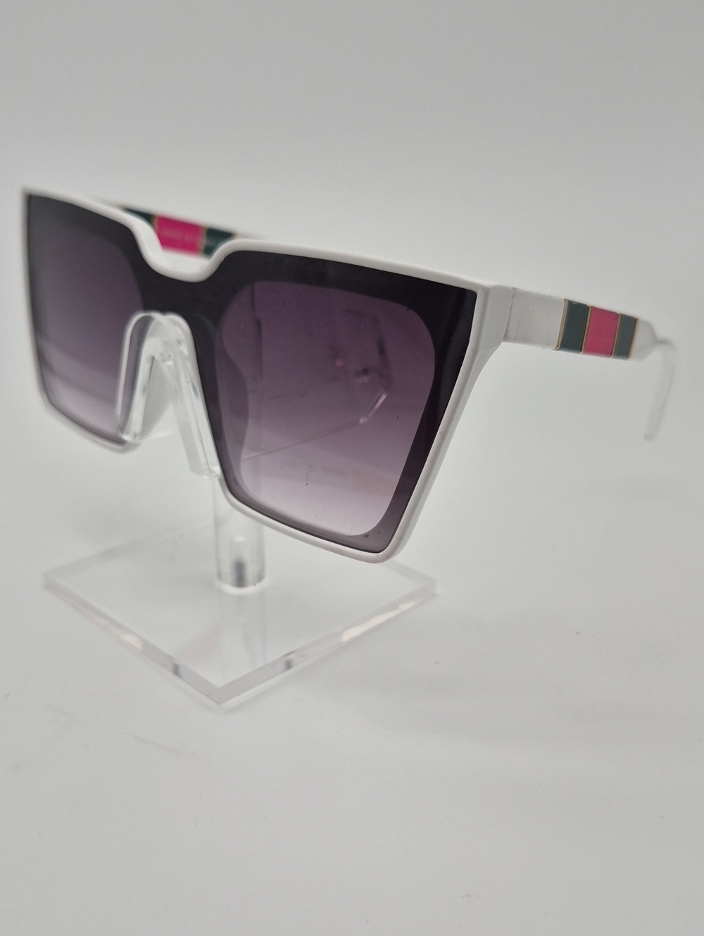 Stylish White Shield Sunglasses with Pink & Green Accent